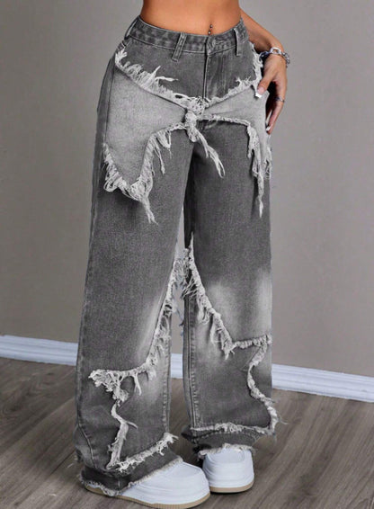 Retro Star Patchwork Heavy Wash Women's Jeans