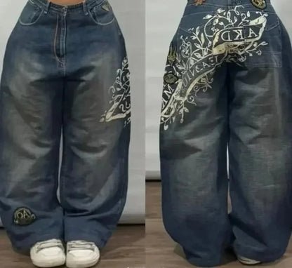 Americano retro cleanfit moda impressão baggy jeans feminino y2k popular casual coringa gótico cintura alta calças de perna larga street wear