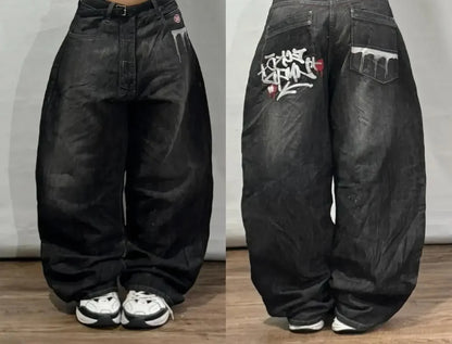 Americano retro cleanfit moda impressão baggy jeans feminino y2k popular casual coringa gótico cintura alta calças de perna larga street wear