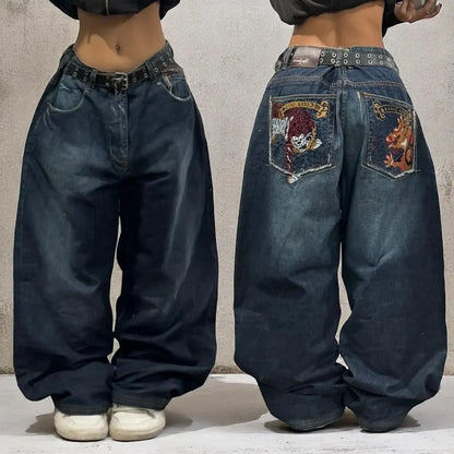 2024 nova tendência americana retro hip-hop bordado padrão jeans baggy para homens e mulheres y2k harajuku gótico calças largas streetwear