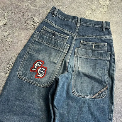 Vintage bordado masculino e feminino baggy jeans feminino rua harajuku lavado angustiado cintura alta jeans perna larga y2k calças