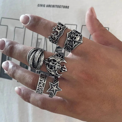 6 pçs/set jóias de halloween gótico metal crânio cabeça cinco pontos estrela anel ajustável para homens punk prata cor anéis festa presente