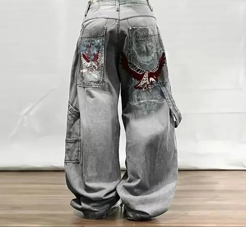 Americano retro cleanfit moda impressão baggy jeans feminino y2k popular casual coringa gótico cintura alta calças de perna larga street wear