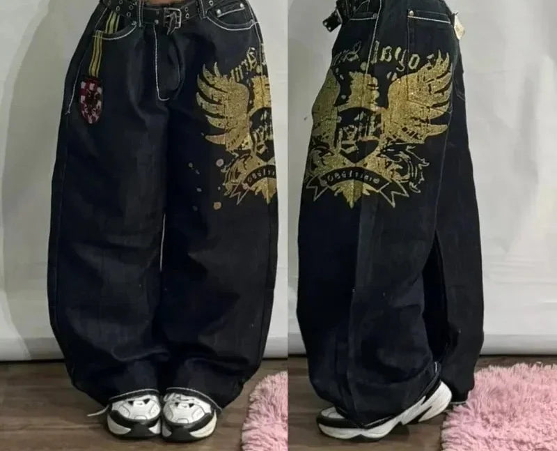 Americano retro cleanfit moda impressão baggy jeans feminino y2k popular casual coringa gótico cintura alta calças de perna larga street wear