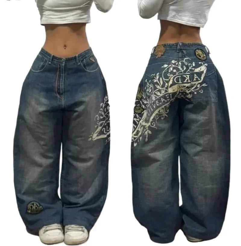 2024 nova tendência americana retro hip-hop bordado padrão jeans baggy para homens e mulheres y2k harajuku gótico calças largas streetwear