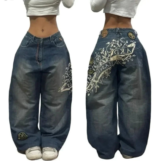 2024 nova tendência americana retro hip-hop bordado padrão jeans baggy para homens e mulheres y2k harajuku gótico calças largas streetwear