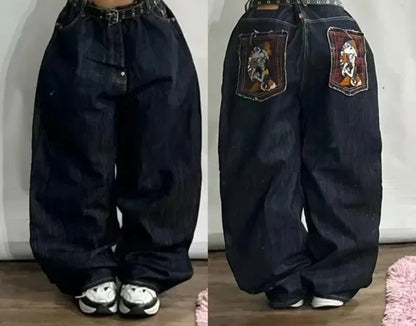 Americano retro cleanfit moda impressão baggy jeans feminino y2k popular casual coringa gótico cintura alta calças de perna larga street wear