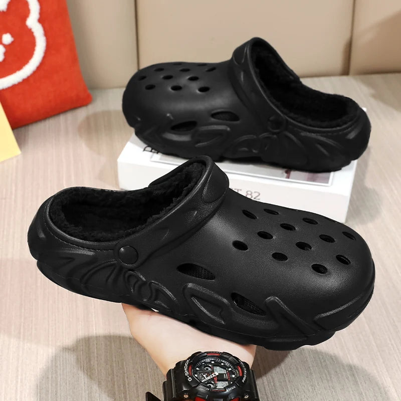 Tamancos quentes de inverno masculinos, chinelos de jardim à prova d'água, tamancos de pele, chinelos de pelúcia felpudos, sapato de quarto para ambientes internos e externos