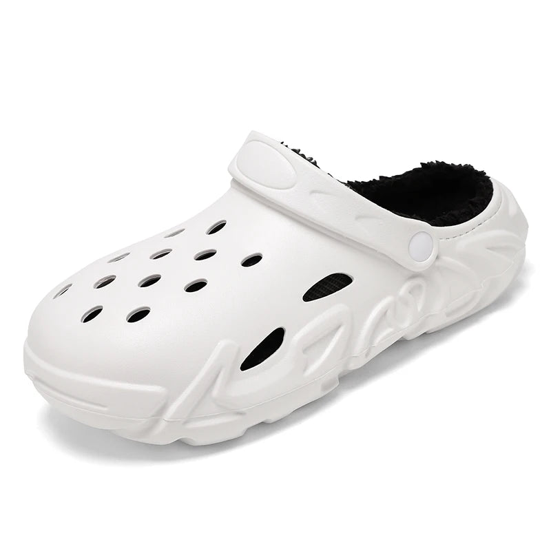 Tamancos quentes de inverno masculinos, chinelos de jardim à prova d'água, tamancos de pele, chinelos de pelúcia felpudos, sapato de quarto para ambientes internos e externos