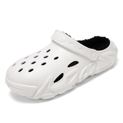 Tamancos quentes de inverno masculinos, chinelos de jardim à prova d'água, tamancos de pele, chinelos de pelúcia felpudos, sapato de quarto para ambientes internos e externos