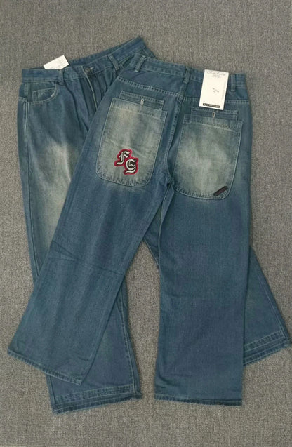 Vintage bordado masculino e feminino baggy jeans feminino rua harajuku lavado angustiado cintura alta jeans perna larga y2k calças