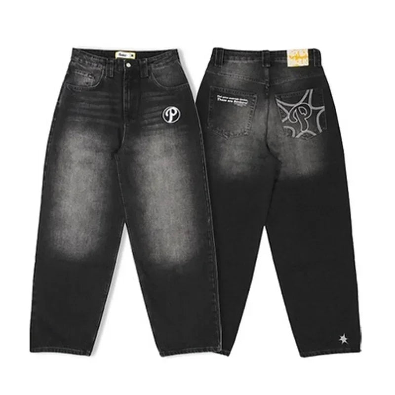 2024 nova tendência americana retro hip-hop bordado padrão jeans baggy para homens e mulheres y2k harajuku gótico calças largas streetwear