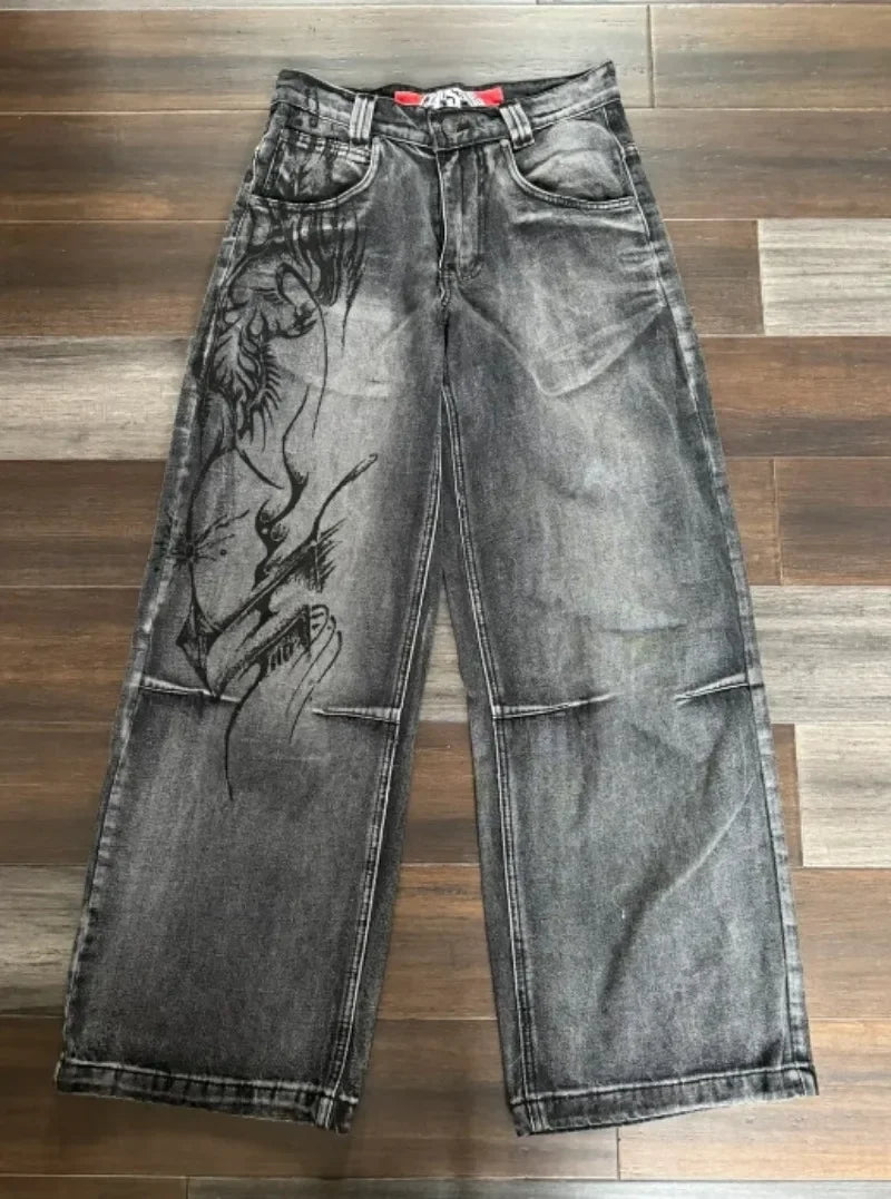 2024 nova tendência americana retro hip-hop bordado padrão jeans baggy para homens e mulheres y2k harajuku gótico calças largas streetwear