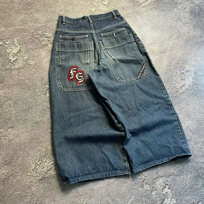 Vintage bordado masculino e feminino baggy jeans feminino rua harajuku lavado angustiado cintura alta jeans perna larga y2k calças