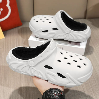 Tamancos quentes de inverno masculinos, chinelos de jardim à prova d'água, tamancos de pele, chinelos de pelúcia felpudos, sapato de quarto para ambientes internos e externos