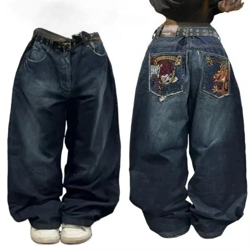 Americano retro cleanfit moda impressão baggy jeans feminino y2k popular casual coringa gótico cintura alta calças de perna larga street wear