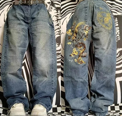 2024 nova tendência americana retro hip-hop bordado padrão jeans baggy para homens e mulheres y2k harajuku gótico calças largas streetwear