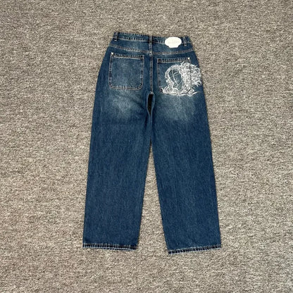 2024 nova tendência americana retro hip-hop bordado padrão jeans baggy para homens e mulheres y2k harajuku gótico calças largas streetwear