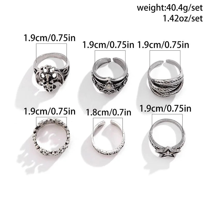 6 pçs/set jóias de halloween gótico metal crânio cabeça cinco pontos estrela anel ajustável para homens punk prata cor anéis festa presente