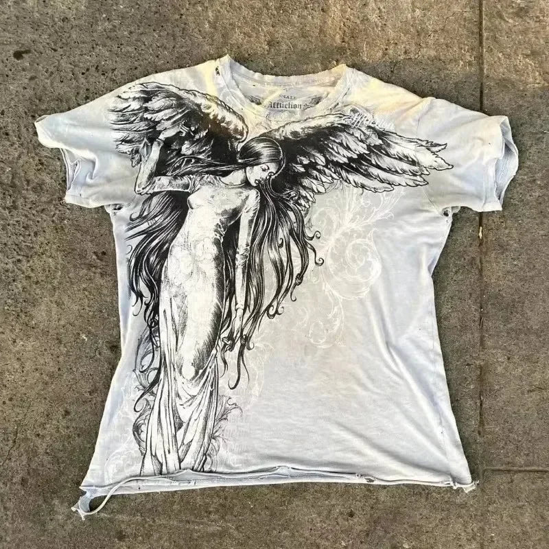 Gótico xtreme verão camiseta homem 2000s asas crânio gráfico camiseta leve algodão manga curta casual respirável camiseta
