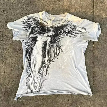 Gótico xtreme verão camiseta homem 2000s asas crânio gráfico camiseta leve algodão manga curta casual respirável camiseta