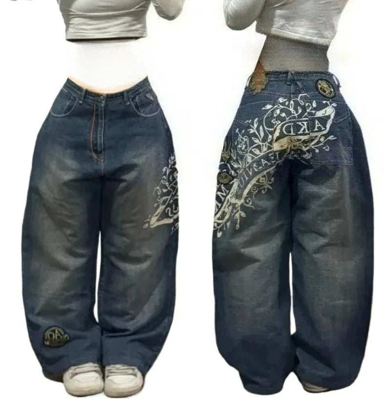 2024 nova tendência americana retro hip-hop bordado padrão jeans baggy para homens e mulheres y2k harajuku gótico calças largas streetwear
