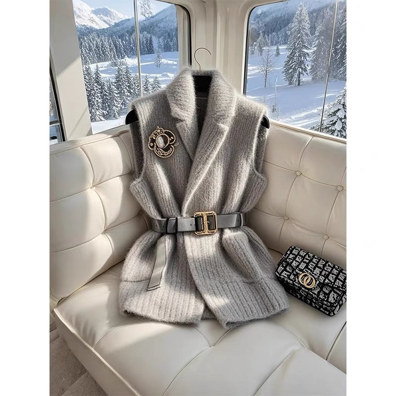 Women's Petite Layering Gray Thick Knitted Vest