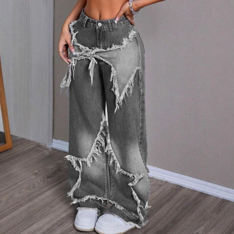 Retro Star Patchwork Heavy Wash Women's Jeans